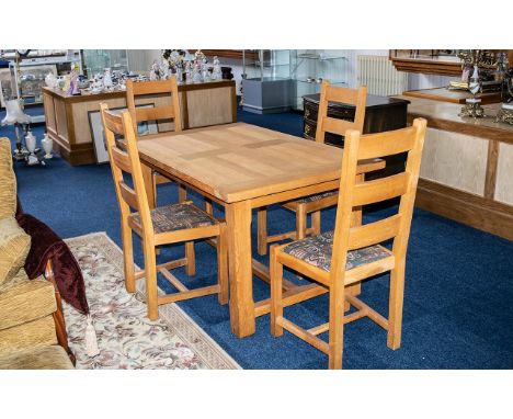 Contemporary Oak Dining Table &amp; Four Matching Chairs.  Oak table with four legs and stretcher, chairs with tapestry style