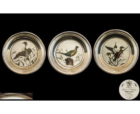 Frank Whiting &amp; Co American Trio of Sterling Silver and Ceramic Circular Pin Dishes with Transfer and Hand Finished Bird 