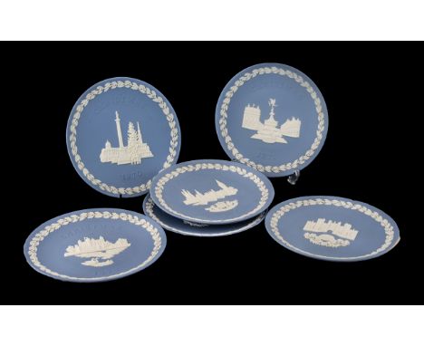 Blue Jasper Wedgwood Early Edition Christmas Plates Six in total. Christmas 1970 Trafalgar Square, 1971 Piccadilly Circus , 1