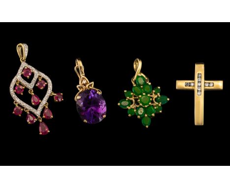 Excellent Collection of 9ct Gold Stone Set Pendant Drops ( 3 ) The Pendants of Various Designs, Set with Emeralds, Rubies, Am
