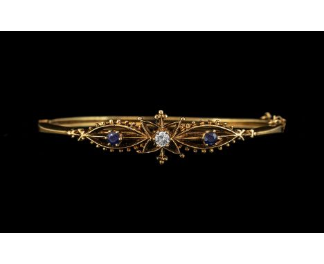 Antique Style - Ornate 9ct Gold Diamond and Sapphire Set Hinged Bangle with Safety Chain. Full Hallmark for 9.375. Excellent 