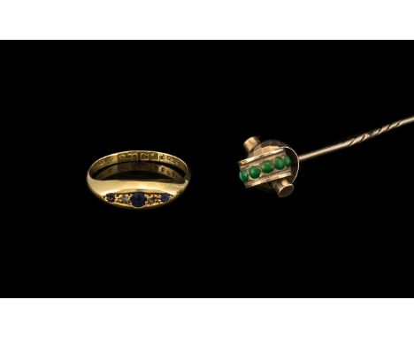 Antique 18ct Gold Diamond &amp; Sapphire Chip Ring, together with an antique stick pin set with turquoise stones, unmarked.