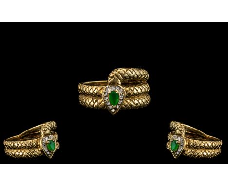 14ct Gold - Attractive Coiled Snake Ring, The Snakes Head Set with Emerald and Diamonds of Realistic Design. Full Hallmark fo