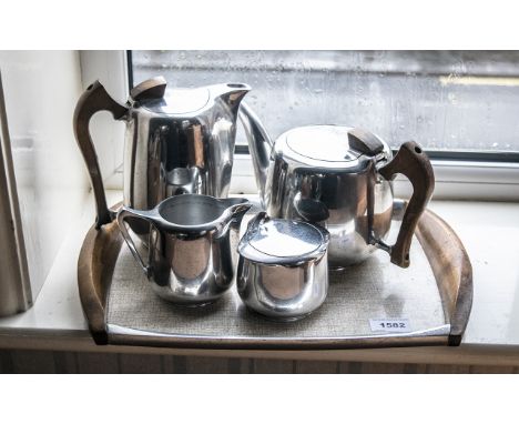 Picquot Ware Tea Set Deco Style aluminium and wood set, Tea Pot, Coffee Pot, Lidded Sugar Bowl and Milk Jug.  All on vintage 