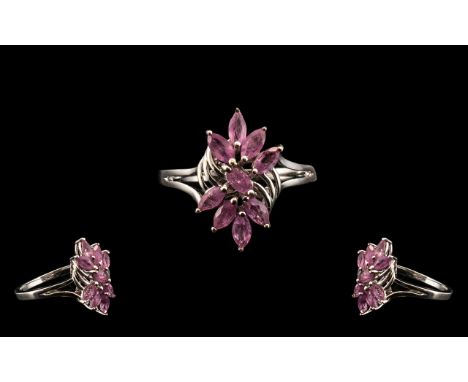 Pink Sapphire Cluster Ring, marquise cut hot pink sapphires, totalling 2cts, creating a double fan shape cluster set in plati