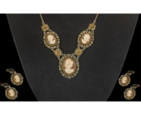 Vintage Italian Silver Cameo Set, Comprising of a Necklace and a Pair of Matching Cameo Earrings. c.1930's. Total of ( 5 ) Ca