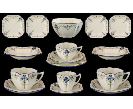 Shelley - Art Deco Period ( 12 ) Piece Part Tea-Service ' Blue Iris ' Pattern No 11561. Queen Anne Shape ' All Pieces ' Descr