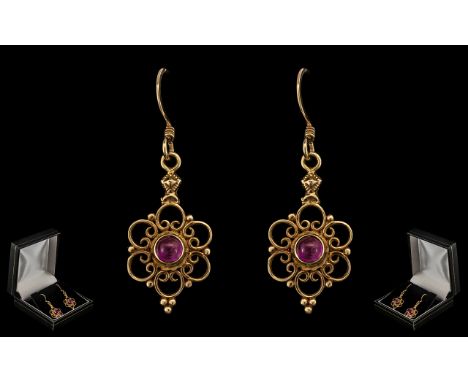 Antique Period 9ct Gold Attractive Pair of Ornate Amethyst Set Drop Earrings. Marked 9ct. Wonderful Ornate Setting and Design