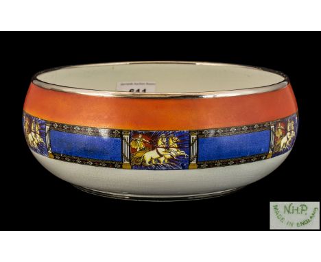 Vintage New Hall Pottery Salad Serving Bowl decorated with images of Roman chariots, in shades of blue and orange, with a sil