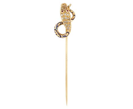 AN ANTIQUE RUBY, DIAMOND AND ENAMEL SNAKE TIE PIN in yellow gold, depicting a snake jewelled with rose cut diamonds, round cu