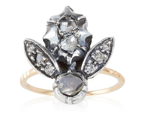AN ANTIQUE DIAMOND FLY / INSECT RING, 19TH CENTURY in yellow gold and silver, modelled as a fly / insect, jewelled allover wi