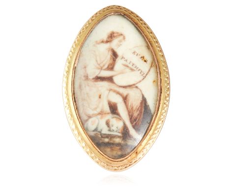 AN ANTIQUE PORTRAIT MINIATURE MOURNING RING, CIRCA 1780 in high carat yellow gold, of navette form set with a central painted