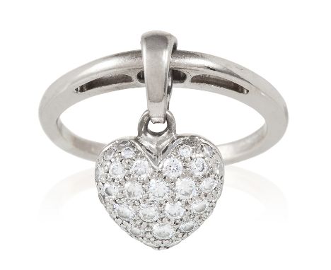 A DIAMOND HEART CHARM RING, CARTIER in 18ct white gold, suspending a heart shaped charm jewelled in diamonds, signed Cartier 