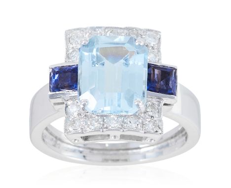 AN AQUAMARINE, SAPPHIRE AND DIAMOND RING in platinum or white gold, the emerald cut aquamarine of 3.48 carats set between two