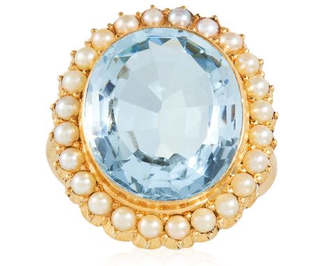 AN ANTIQUE AQUAMARINE AND PEARL RING in high carat yellow gold, the oval cut aquamarine of 6.45 carats encircled by seed pear