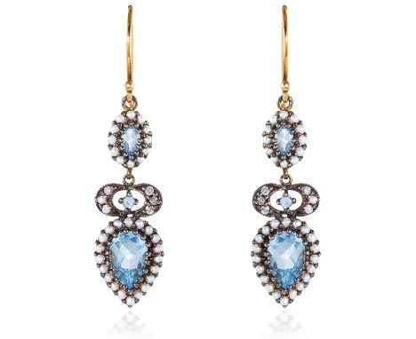A PAIR OF TOPAZ, DIAMOND AND PEARL EARRINGS the articulated bodies jewelled with topaz and pearl clusters, accented by diamon