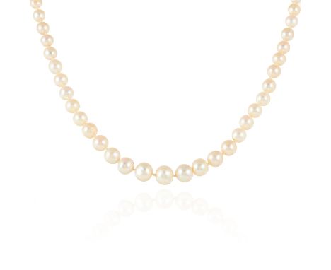 AN ANTIQUE PEARL AND DIAMOND NECKLACE, BOUCHERON comprising a single row of sixty-five pearls ranging 5.0-9.3mm, the clasp se
