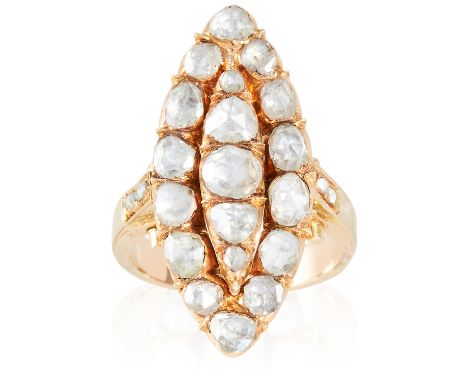 A DIAMOND CLUSTER DRESS RING in high carat yellow gold, the large marquise face jewelled with rose cut diamonds, unmarked, si