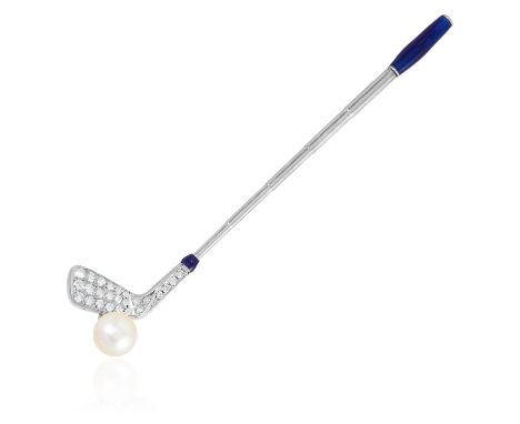 A DIAMOND, PEARL AND ENAMEL NOVELTY GOLF BROOCH in white gold or platinum, depicting a gold club and ball, jewelled with enam