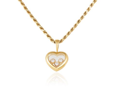 A HAPPY DIAMOND HEART PENDANT AND CHAIN, CHOPARD in 18ct yellow gold, designed as a heart with a trio of round cut diamonds s