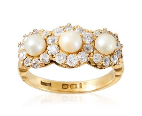 A DIAMOND AND PEARL CLUSTER RING, 19TH CENTURY in 18ct yellow gold, set with three pearls in a cluster of old cut diamonds, B