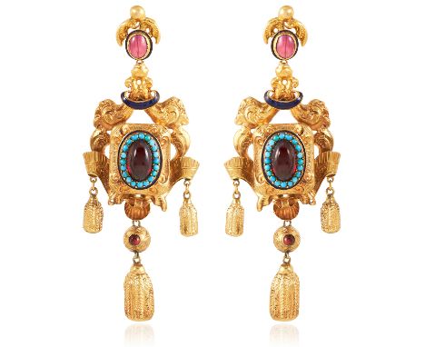 A PAIR OF ANTIQUE GARNET, TURQUOISE AND ENAMEL EARRINGS in high carat yellow gold, each set with three cabochon garnets, cabo