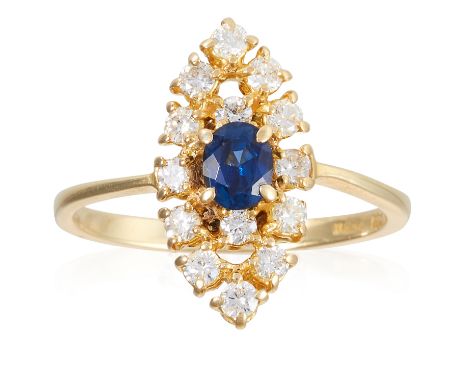 A SAPPHIRE AND DIAMOND DRESS RING in 18ct yellow gold, the oval cut sapphire within a marquise shaped surround of round cut d