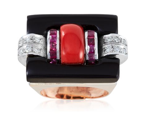 A CORAL, ONYX, RUBY AND DIAMOND COCKTAIL RING, 1940s in high carat yellow gold, set with a central piece of coral between rub