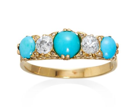 AN ANTIQUE FIVE STONE TURQUOISE AND DIAMOND RING in high carat yellow gold, set with three cabochon turquoise and two old cut