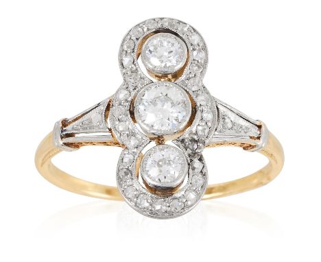 AN ART DECO DIAMOND RING in 18ct yellow gold and platinum, the trio of round cut diamonds within a border of rose cut diamond