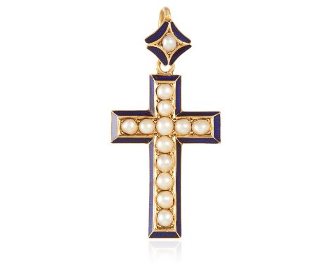 AN ANTIQUE PEARL AND ENAMEL CROSS PENDANT in high carat yellow gold, set with seed pearls in a blue enamel border, unmarked, 