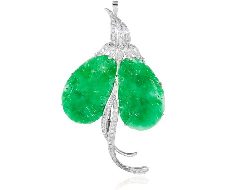 A JADEITE JADE AND DIAMOND BROOCH / PENDANT in 18ct white gold, set with two carved jadeite jade plaques and round and baguet