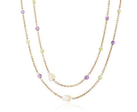 AN ANTIQUE NATURAL PEARL, PERIDOT AND AMETHYST SUFFRAGETTE SAUTOIR NECKLACE, EARLY 20TH CENTURY in yellow gold, the long chai
