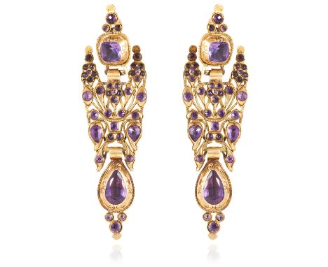 A PAIR OF SPANISH AMETHYST EARRINGS, CATALAN CIRCA 1800 in high carat yellow gold, the articulated bodies pierced and jewelle