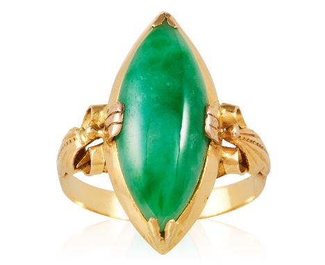 A JADEITE JADE DRESS RING in high carat yellow gold, set with a marquise shaped jade cabochon, unmarked, size K / 5, 3.8g.