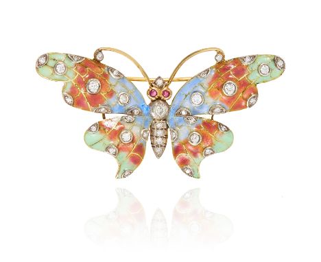 A DIAMOND, RUBY AND PLIQUE-A-JOUR ENAMEL BUTTERFLY BROOCH in 18ct yellow gold, with plique-a-jour enamelled wings set with ro