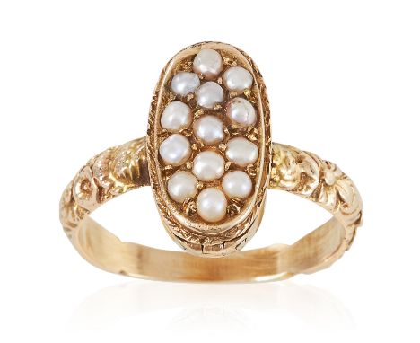 AN ANTIQUE PEARL POISON / LOCKET RING, 19TH CENTURY in high carat yellow gold, the oval face with hinged lid, set with seed p