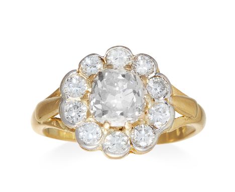 A 2.0 CARAT DIAMOND CLUSTER RING in 18ct gold, the central old cut diamond of 1.51 carats encircled by round cut diamonds, to