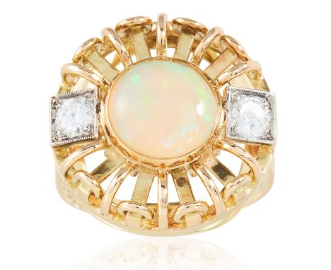 AN OPAL AND DIAMOND RING, RUDOLF FELDMAN 1940s in yellow gold, the circular oval cabochon between round cut diamonds, 0.30 ca