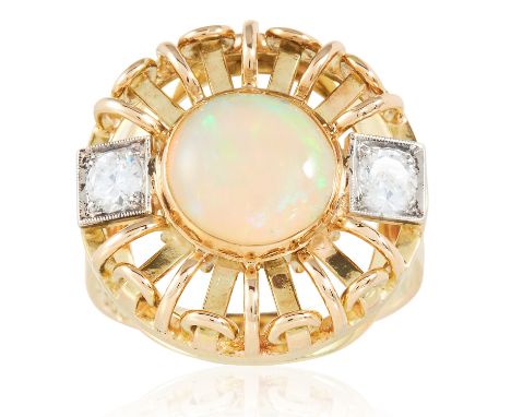 AN OPAL AND DIAMOND RING, RUDOLF FELDMAN 1940s in yellow gold, the circular oval cabochon between round cut diamonds, 0.30 ca