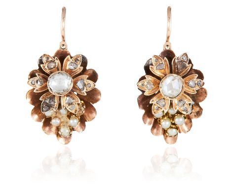 A PAIR OF ANTIQUE DIAMOND AND PEARL EARRINGS, 19TH CENTURY in yellow gold, each designed as a cluster of berries / grapes, re
