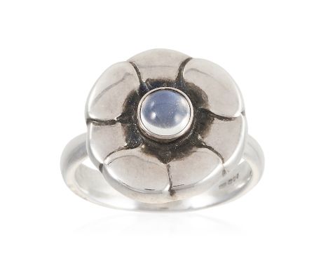 A MOONSTONE RING, GEORG JENSEN in sterling silver, comprising of a floral face set with a cabochon moonstone, stamped 925, si