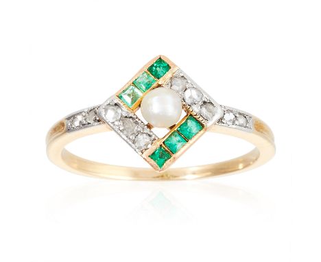 AN ART DECO PEARL, EMERALD AND DIAMOND RING in 18ct yellow gold, the central pearl within a geometric border of alternating e