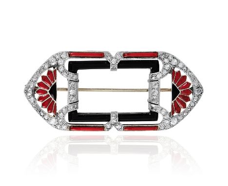 AN ART DECO DIAMOND, ONYX AND ENAMEL BROOCH in white gold or platinum, in Art Deco design, jewelled with old cut diamonds, po