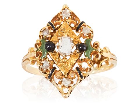 AN ANTIQUE DIAMOND AND ENAMEL RING in high carat yellow gold, the marquise face with scrolling decoration, set with rose cut 