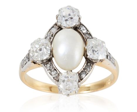 AN ANTIQUE PEARL AND DIAMOND RING in high carat yellow gold, set with a central pearl in a border of old and rose cut diamond