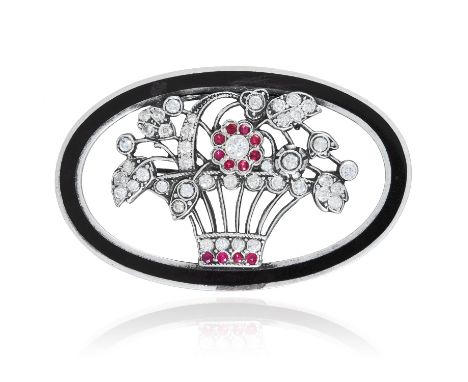 AN ANTIQUE RUBY, DIAMOND AND ENAMEL FLOWER BROOCH in silver, the central, detachable, giardinetto motif jewelled with rubies 
