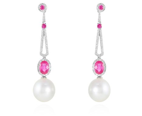 A PAIR OF RUBY, PEARL AND DIAMOND EARRINGS in 18ct white gold, comprising of three round and oval cut rubies and round cut di