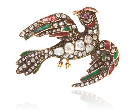 AN ANTIQUE RUBY, DIAMOND AND ENAMEL BIRD BROOCH in yellow gold, depicting a bird, the body set with enamel and rose cut diamo