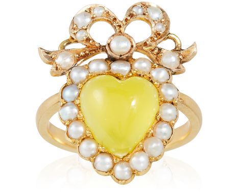 AN ANTIQUE CHRYSOPRASE AND PEARL SWEETHEART RING in high carat yellow gold, the heart shaped chrysoprase cabochon encircled b